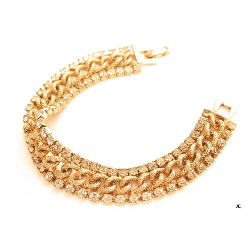 Triple Row Vintage Clear Rhinestone Gold Plated Chain Link Center Bracelet*A717